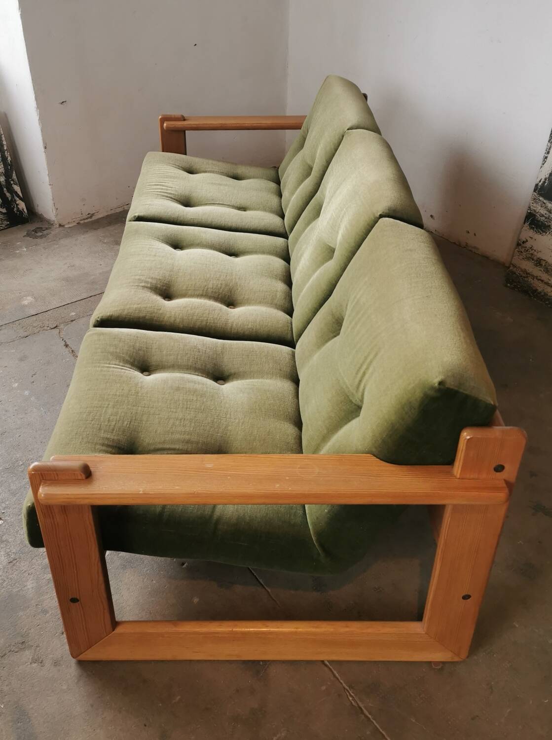 Scandinavian velvet and wood sofa