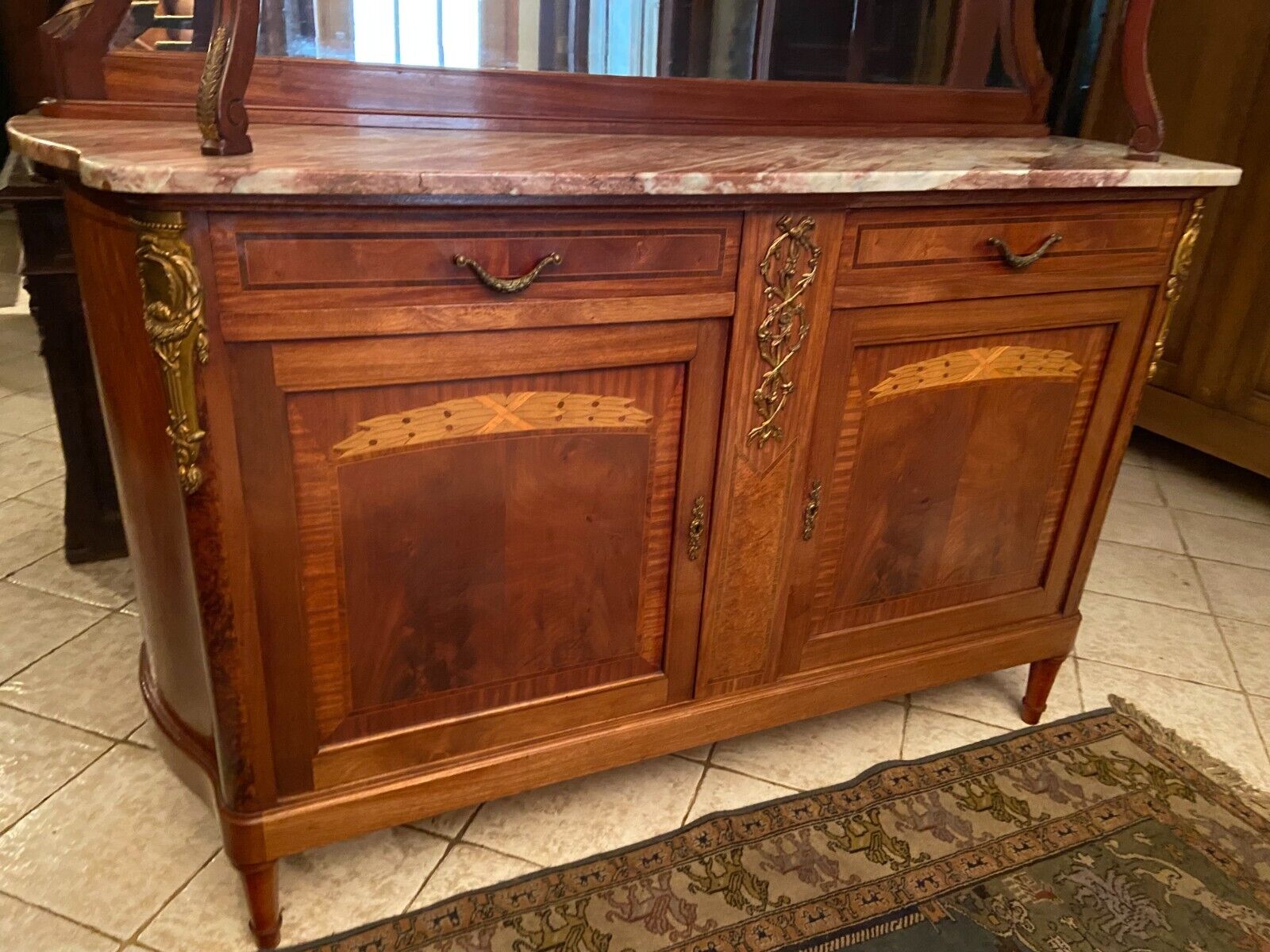 Sideboard two body mirror top marble decoration inlaid bronze Louis XVI