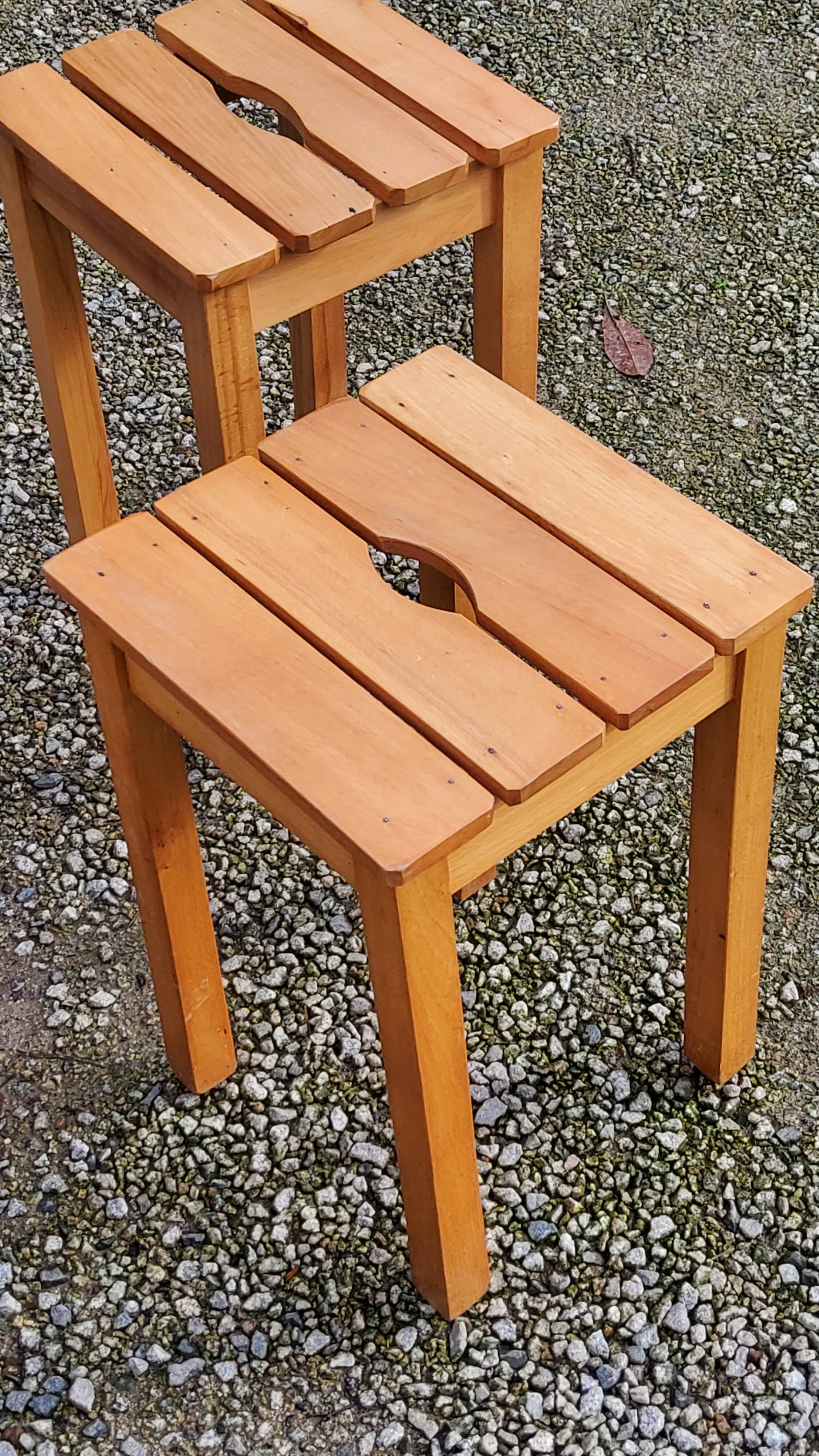 Set of 4 vintage stools in solid beech with slats