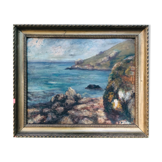 Tableau: paysage côtier breton signé c.bregez et daté 1924