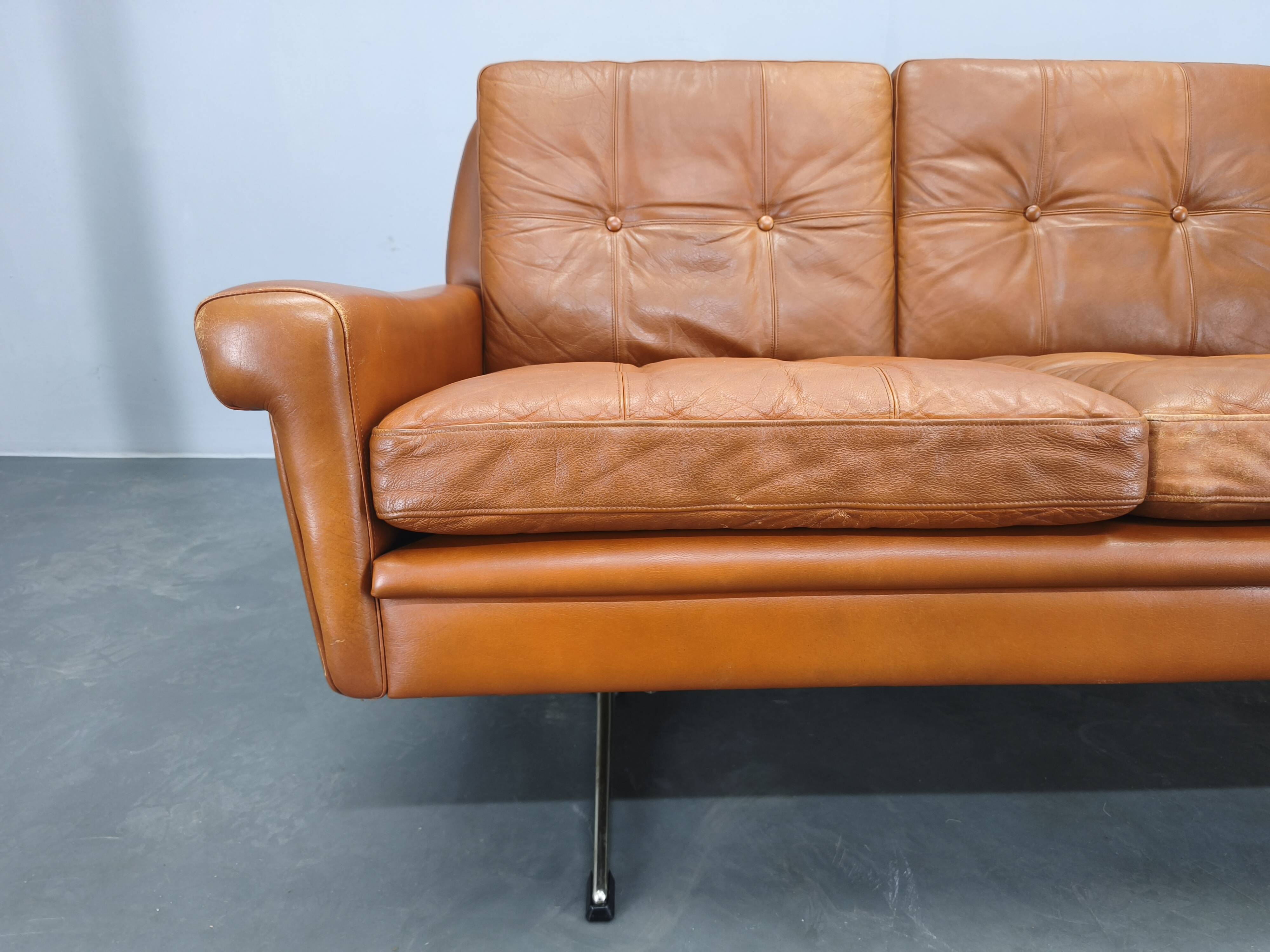 Svend Skipper Danish Leather Sofa Cognac Chrome, 1960s