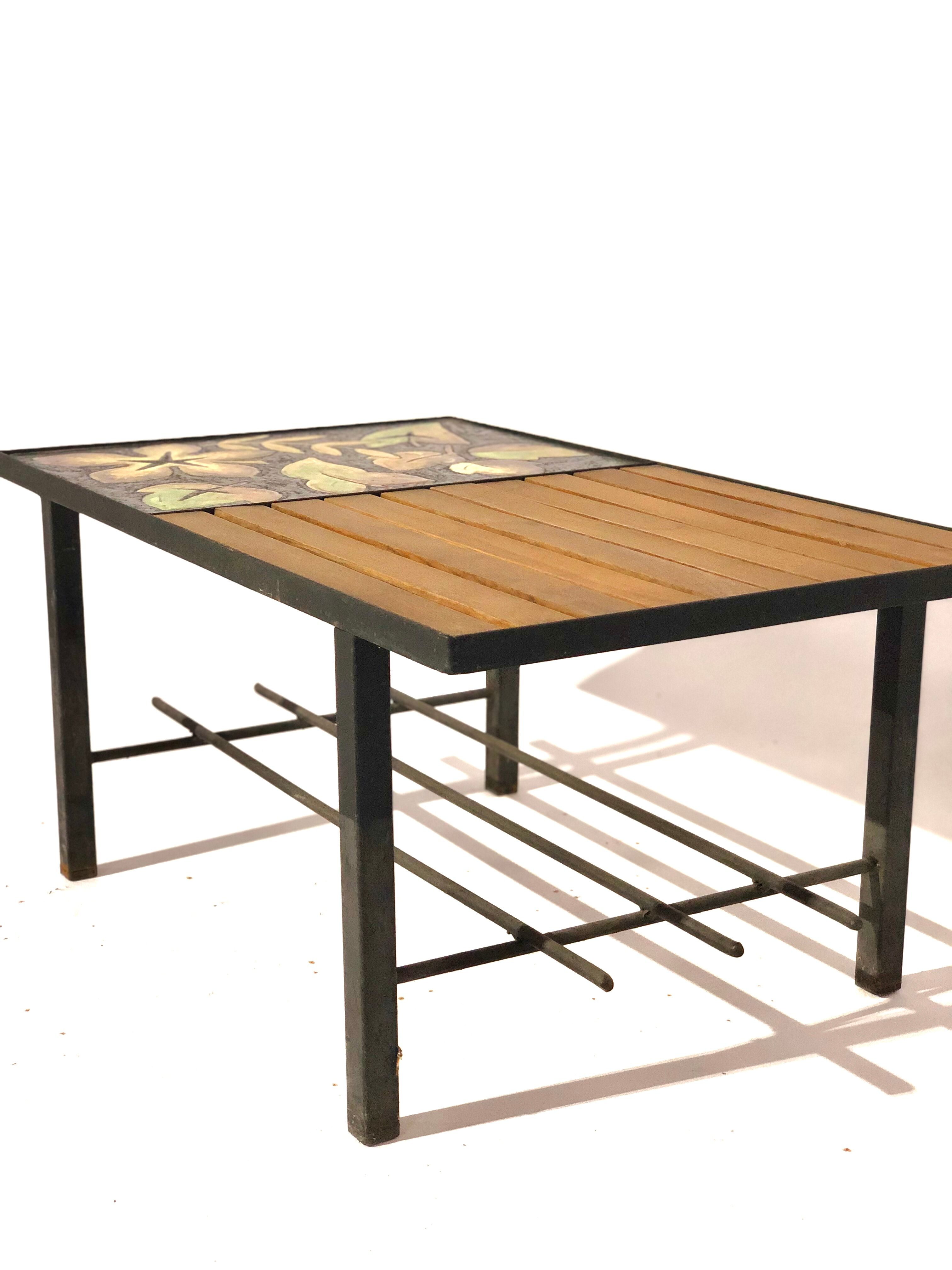Vintage coffee table 1970 - Ceramic, oak and metal