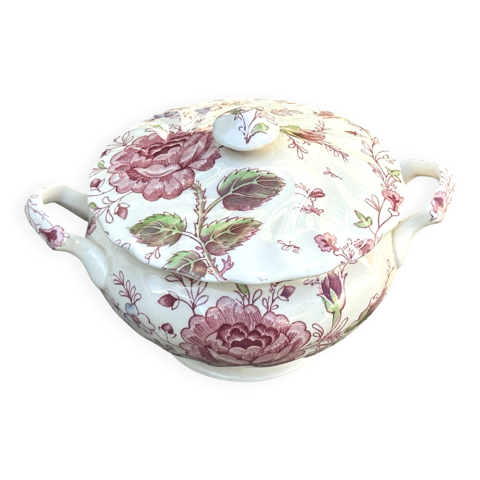 Vintage sugar bowl in English earthenware, Johnson Brothers Rose Chintz pattern.