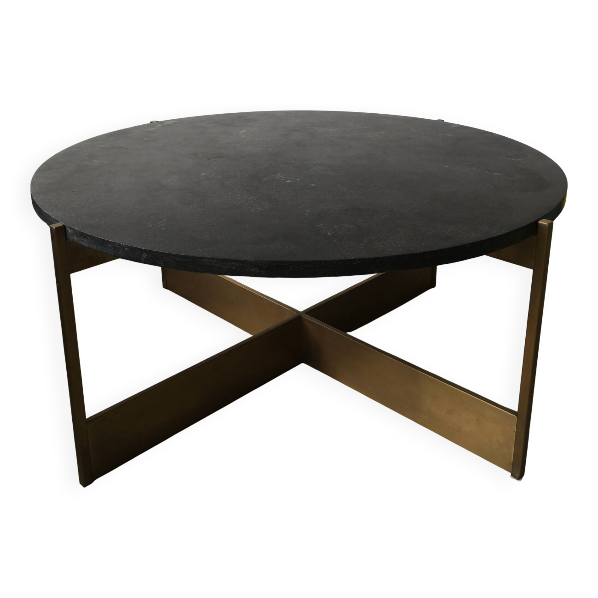 Round coffee table with a metal base and a blue stone top.