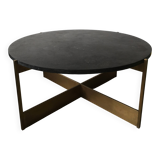 Round coffee table with a metal base and a blue stone top.