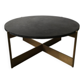 Table basse de salon ronde, pied métal et plateau en pierre bleue