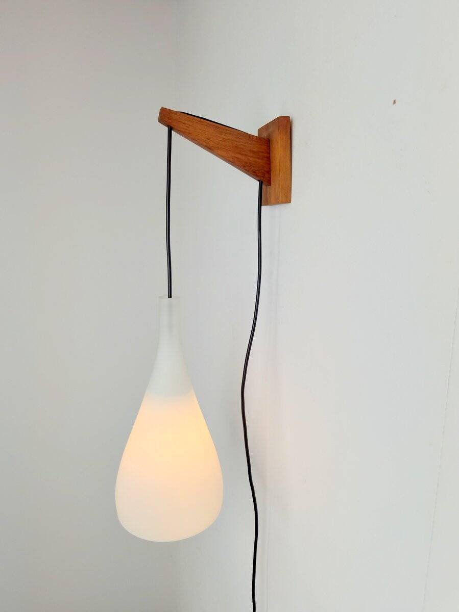 Vintage Tear Drop Wall Lamp in Teak and White Glass, Denmark, 1960s