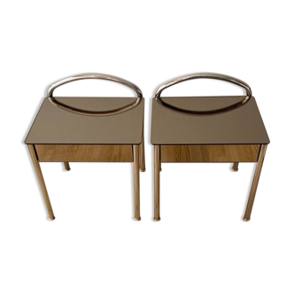 Pair of bedside tables in smoked mirror and chrome structure