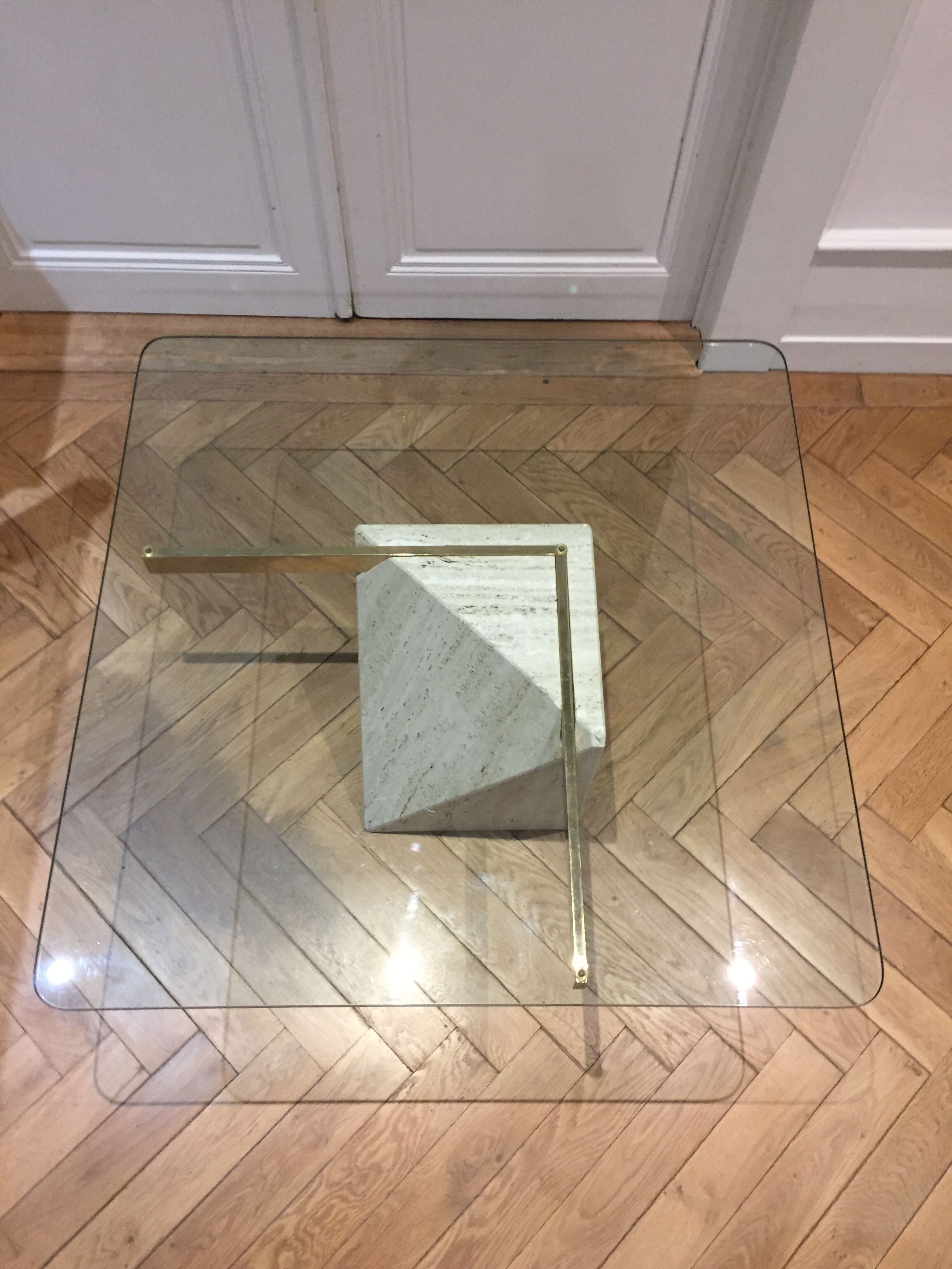Artedi Italy coffee table in travertine, brass and glass 1970s