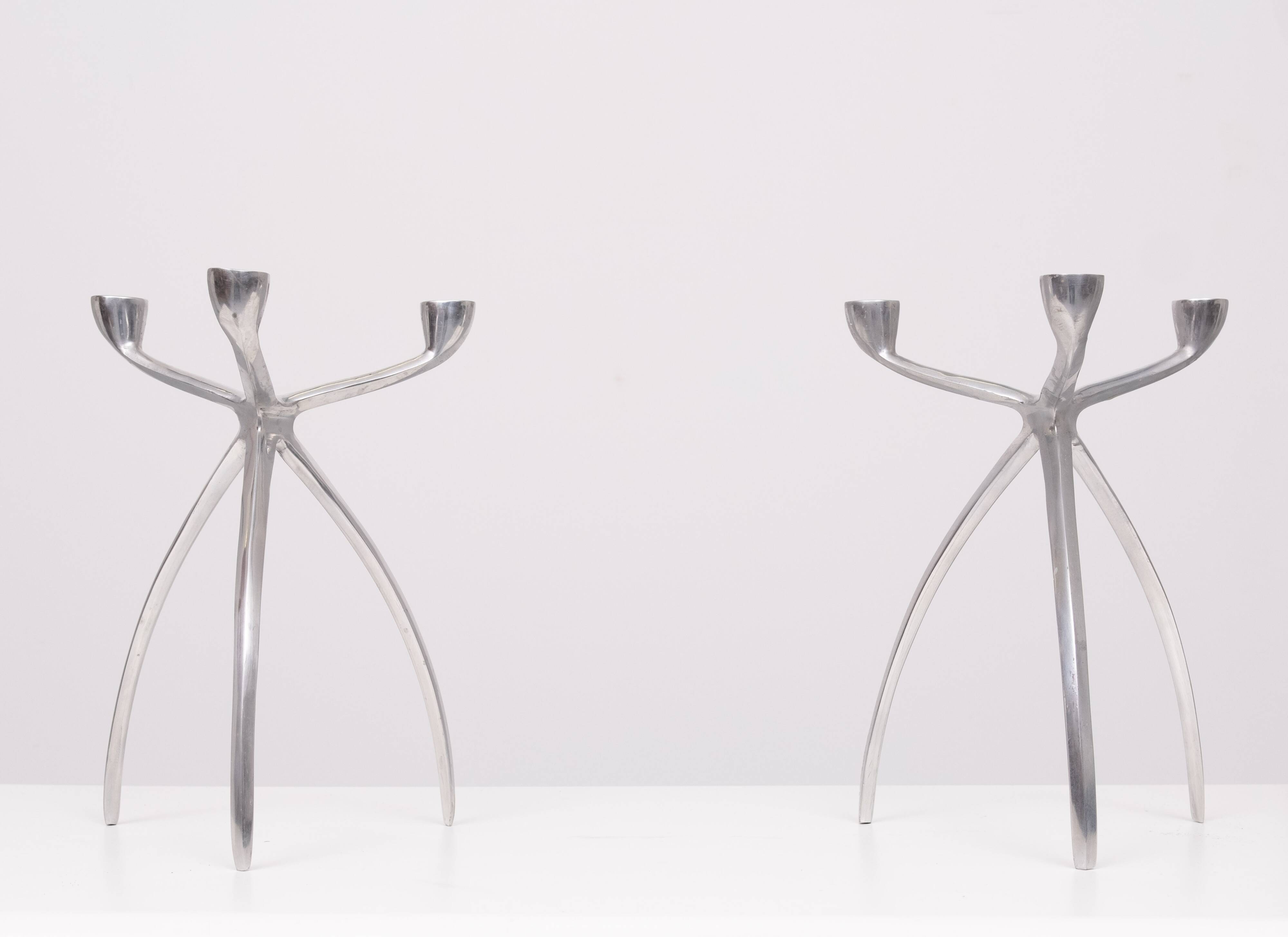 Pair aluminum 3 arms spider candle sticks de bijenkorf 1970s