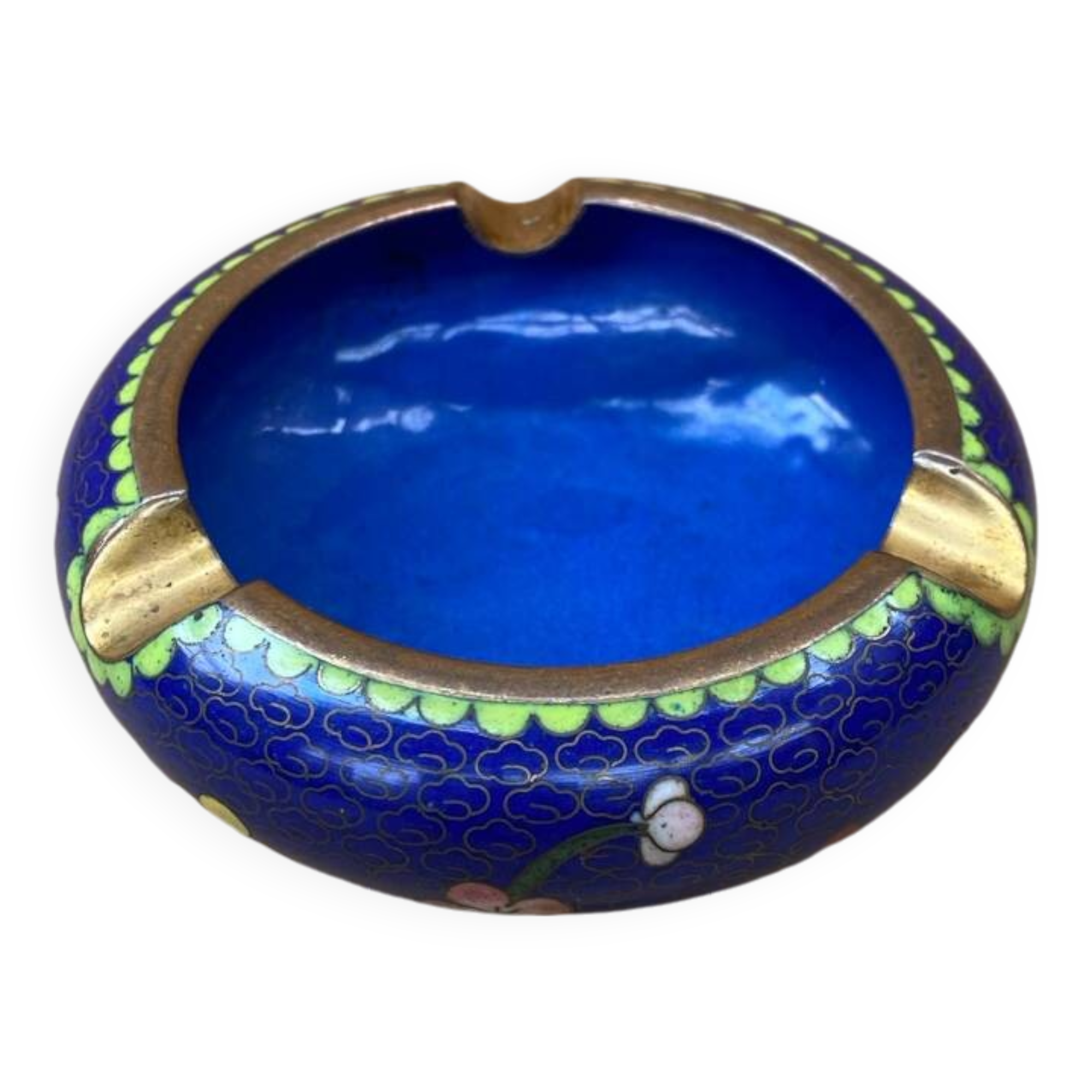 Antique Chinese Bronze Cloisonne Enamel Ashtray Vintage Flower Pattern