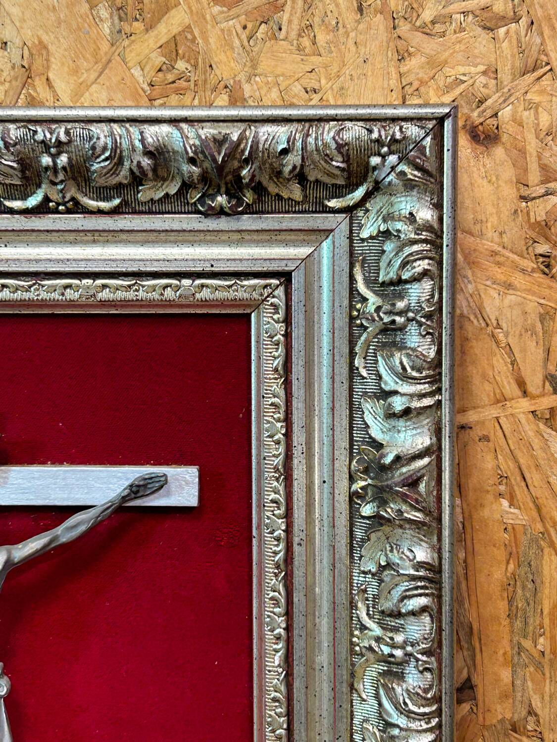 Crucifix, christ, on red velvet frame, silver wood, 50s, 60s, vintage