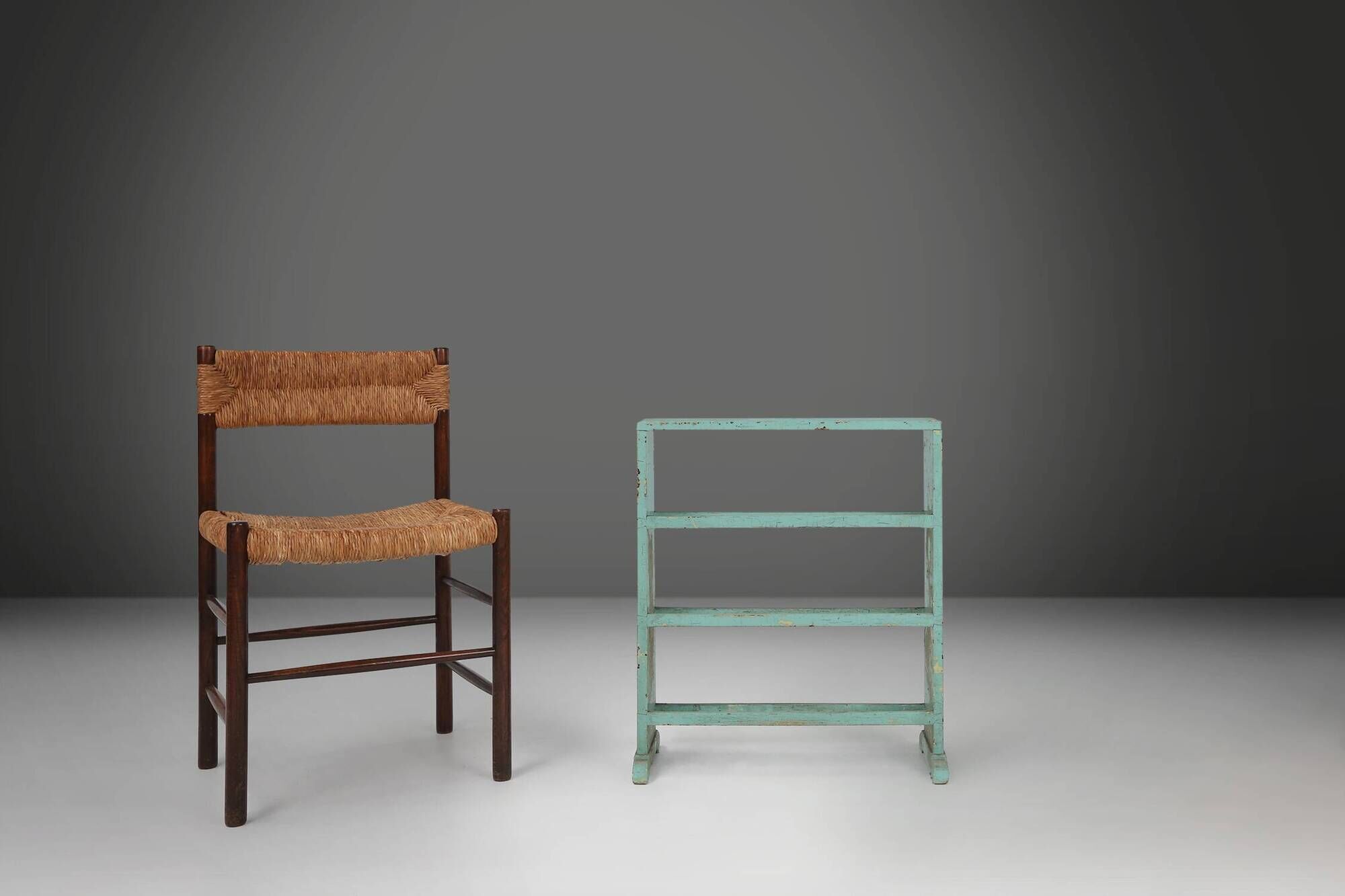 Industrial small mint-colored rack or bookcase with 4 shelves and beautiful patina, Belgium, 1920s