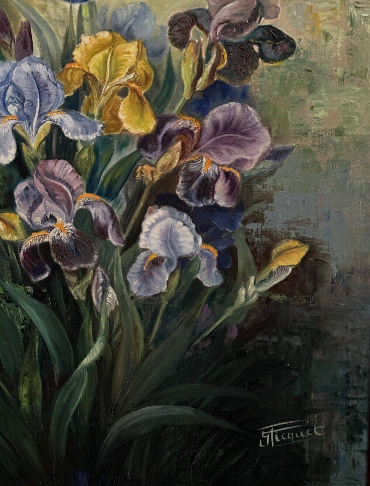 Huile sur toile par Picquet nature morte bouquet d'iris XXe