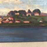 Village on the river, oil on wood early 20th century, signature for identification