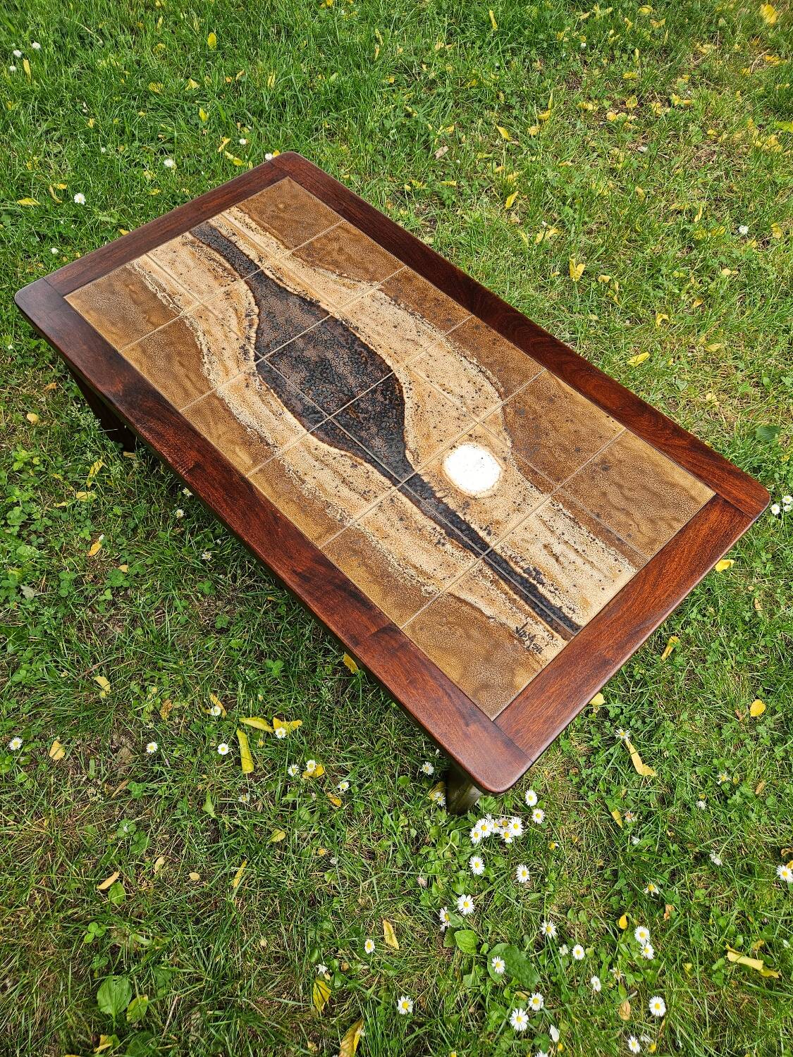 Brutalist coffee table in wood and ceramic by Jean d'Asti, Vallauris, 1960s-70s