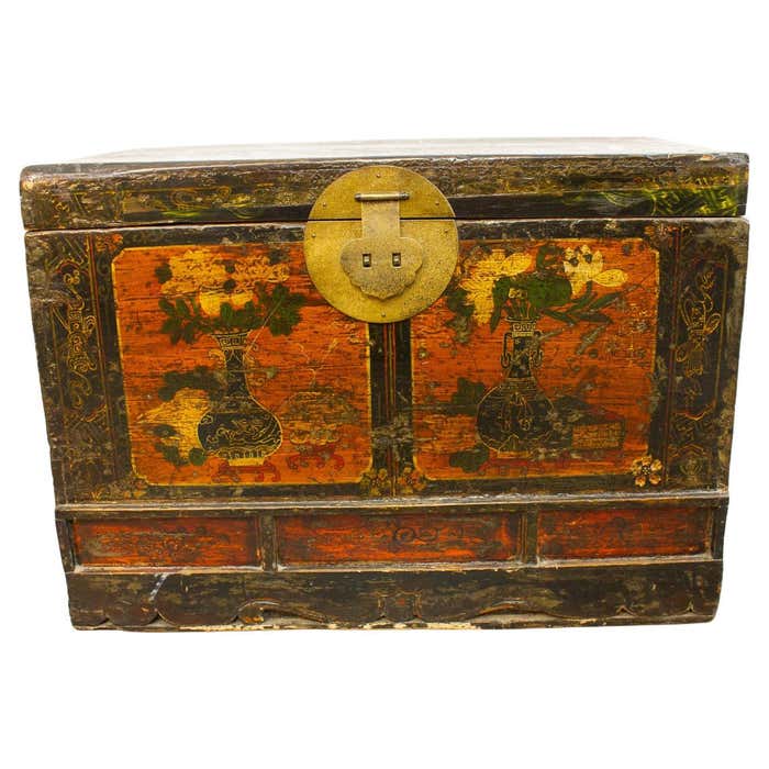 Brown and gold lacquered Chinese chest decorated with flowers circa 1900