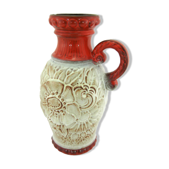 Vase en céramique émaillée rouge et beige - décor floral en relief -Scheurich West Germany