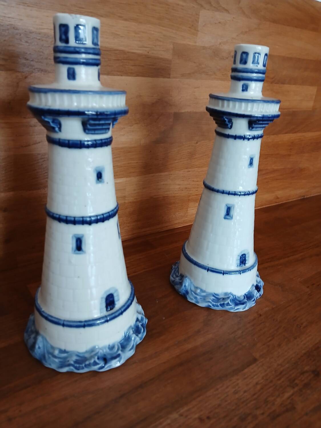 Pair of lighthouse-shaped candle holders