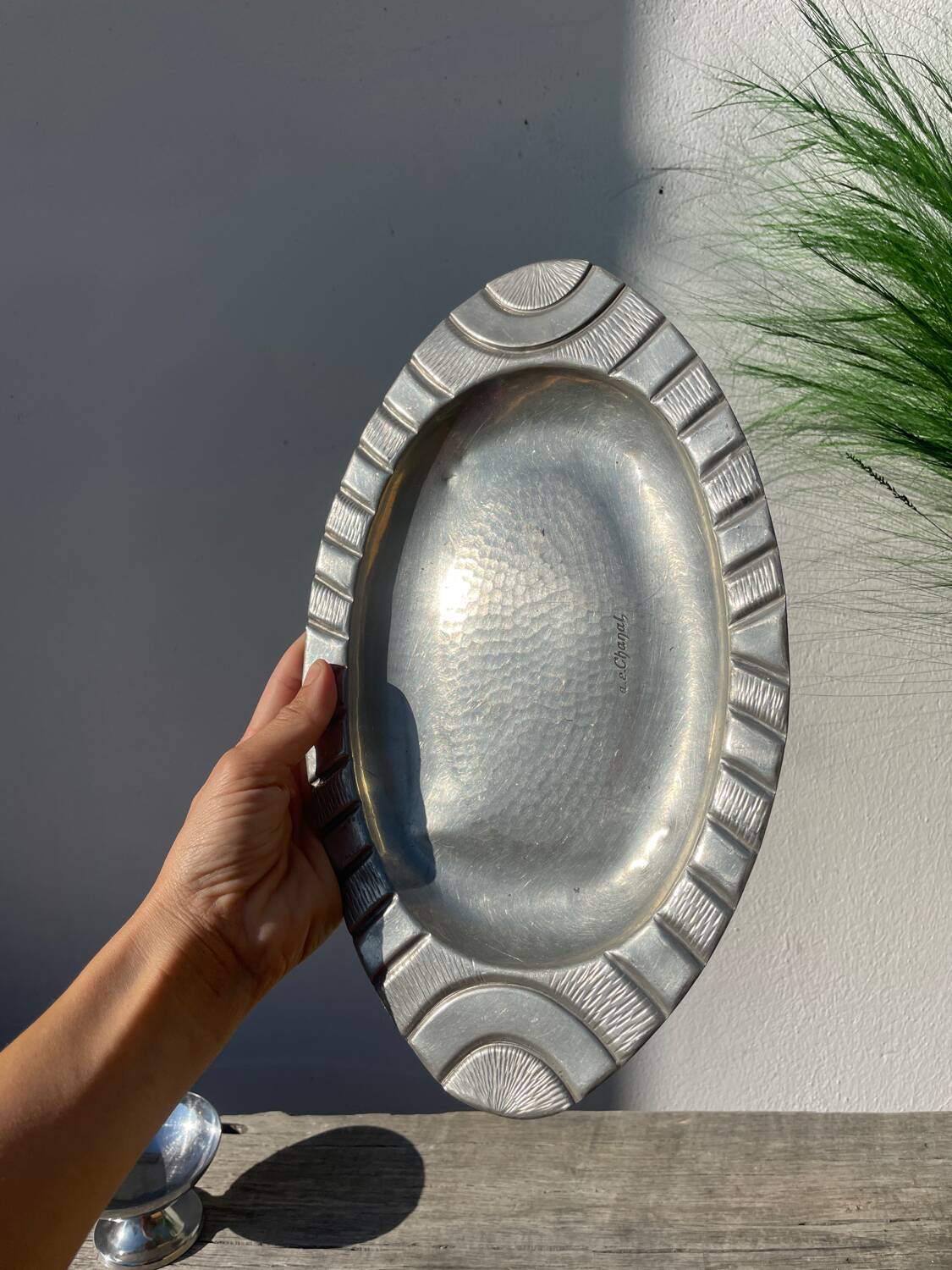 Pewter dish 1900 signed Alice and Eugène Chanal