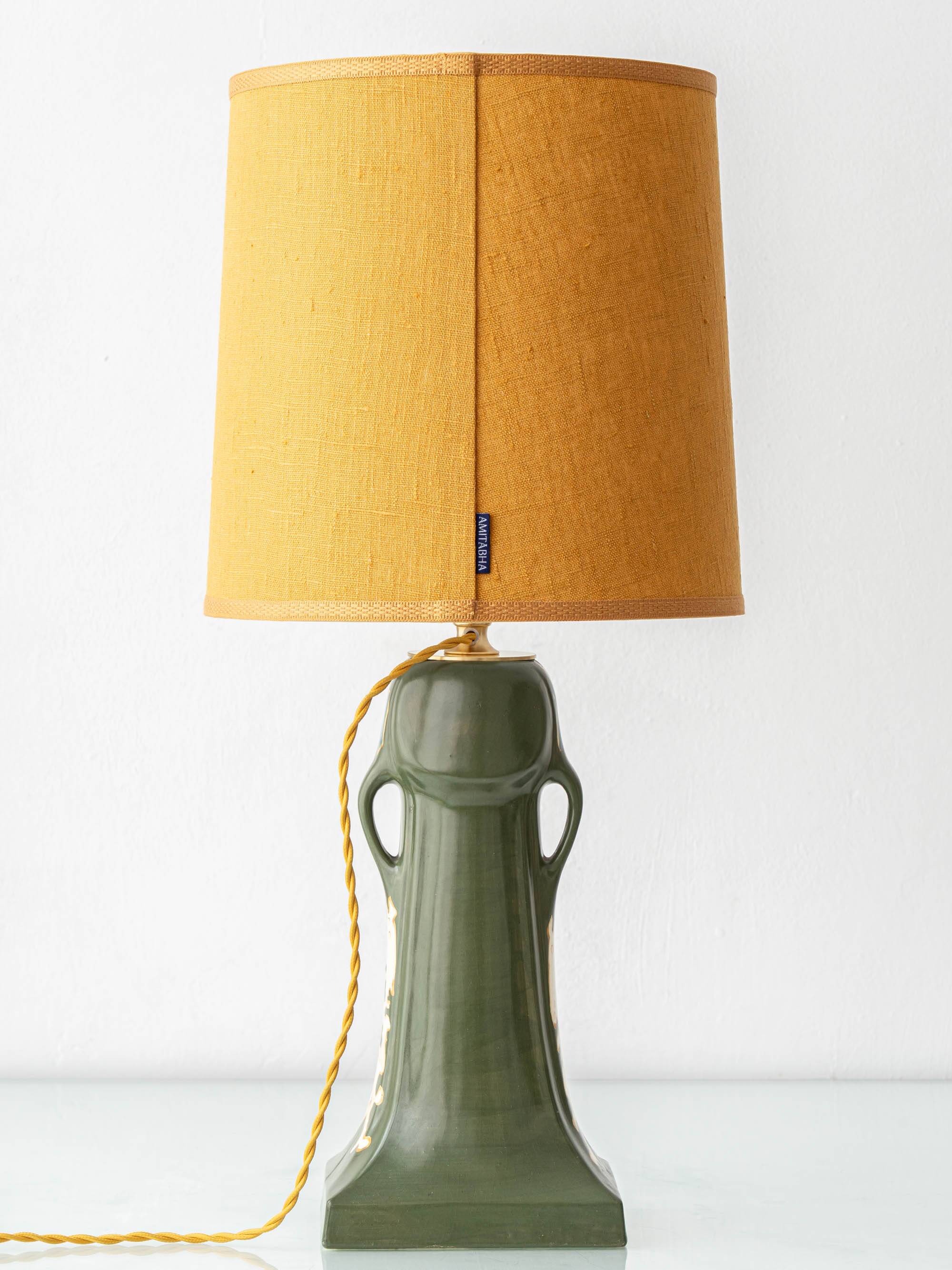 Pair of Dutch Art Nouveau Ceramic Table Lamps, circa 1915, with New Ochre Linen Shades