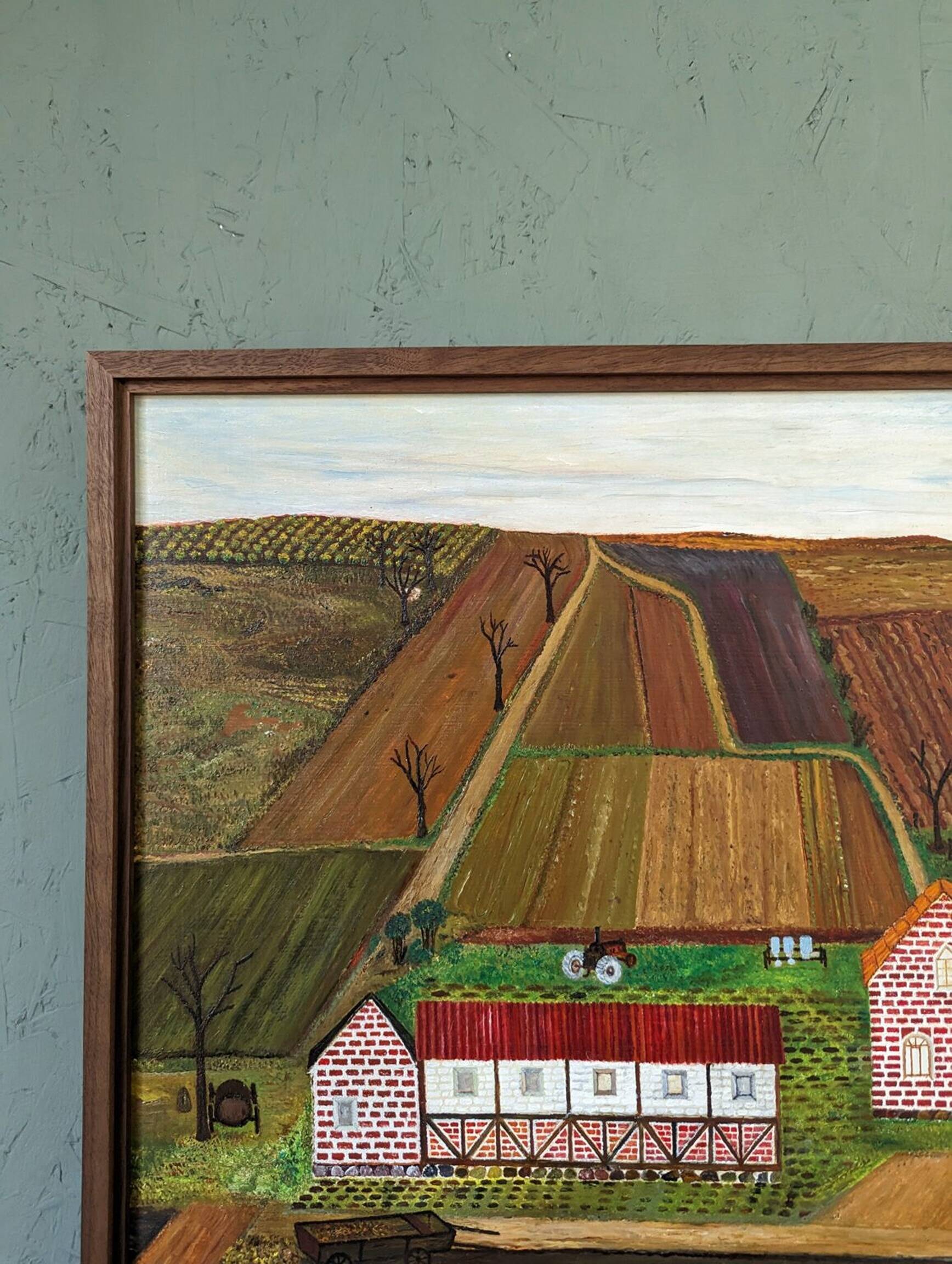 Mid-Century Modern "The Working Farm" Vintage Naïve Style Landscape Oil Painting, Framed