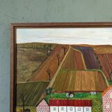 Mid-Century Modern "The Working Farm" Vintage Naïve Style Landscape Oil Painting, Framed