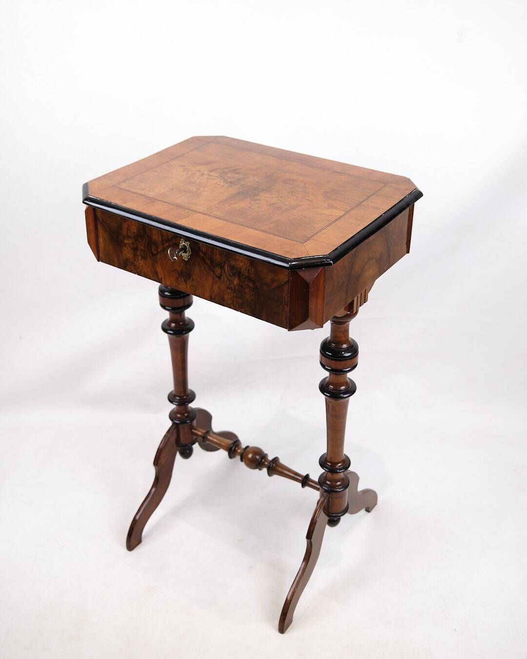 Antique sewing/side table with built-in storage - hand polished mahogany - turned legs - year 1890s