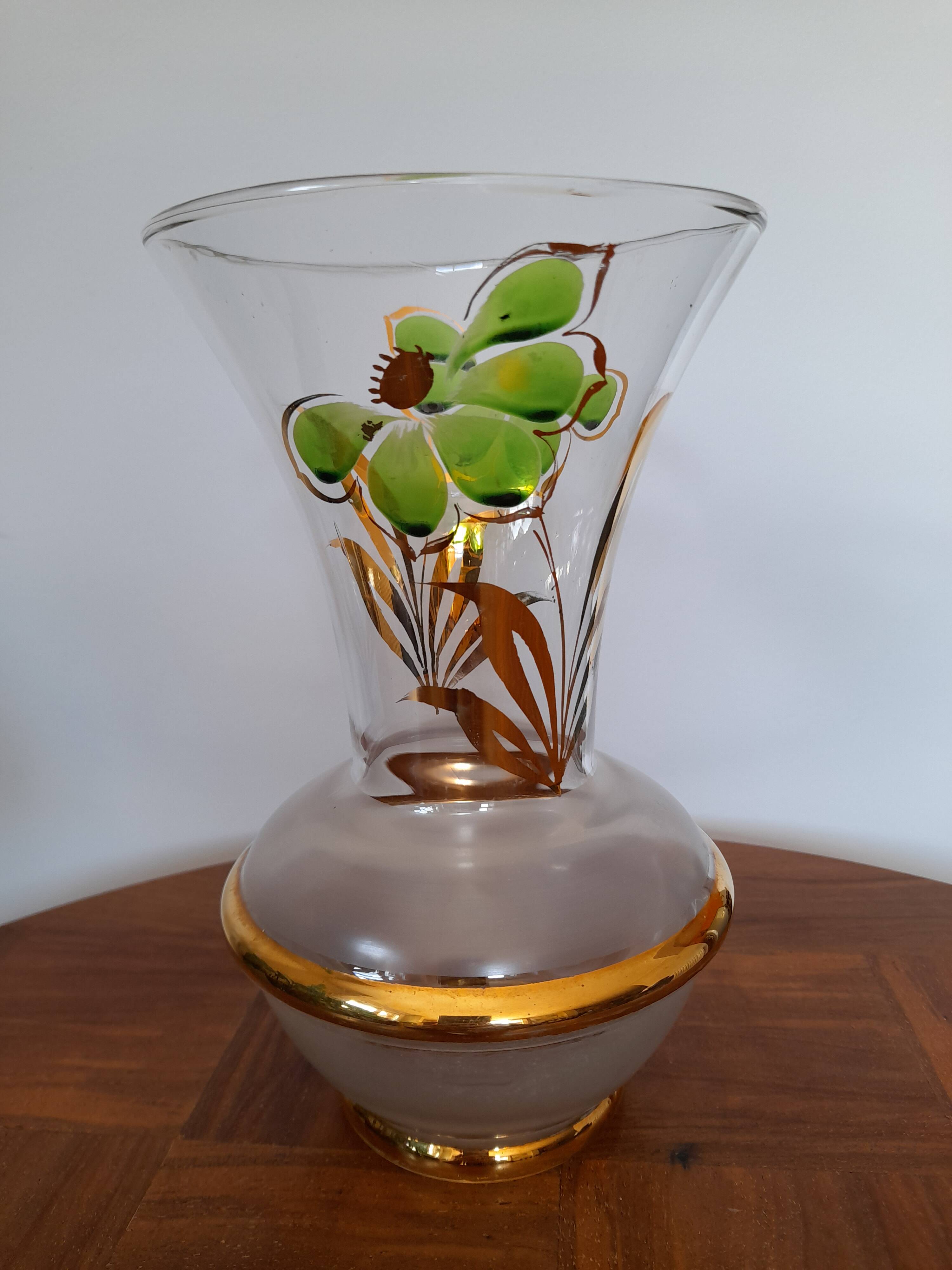 Old glass vase with gilding and Art Deco painted flowers