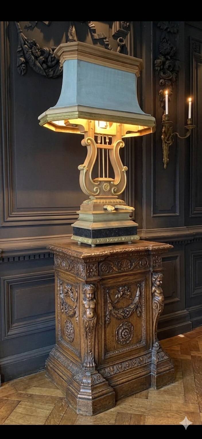 Monumental lyre lamp in oak and zinc (unique piece) 120cm in height.
