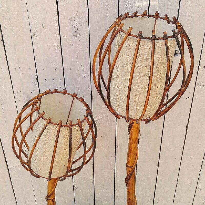 Rattan lamppost, 2 lights and tablet, vintage