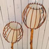 Rattan lamppost, 2 lights and tablet, vintage