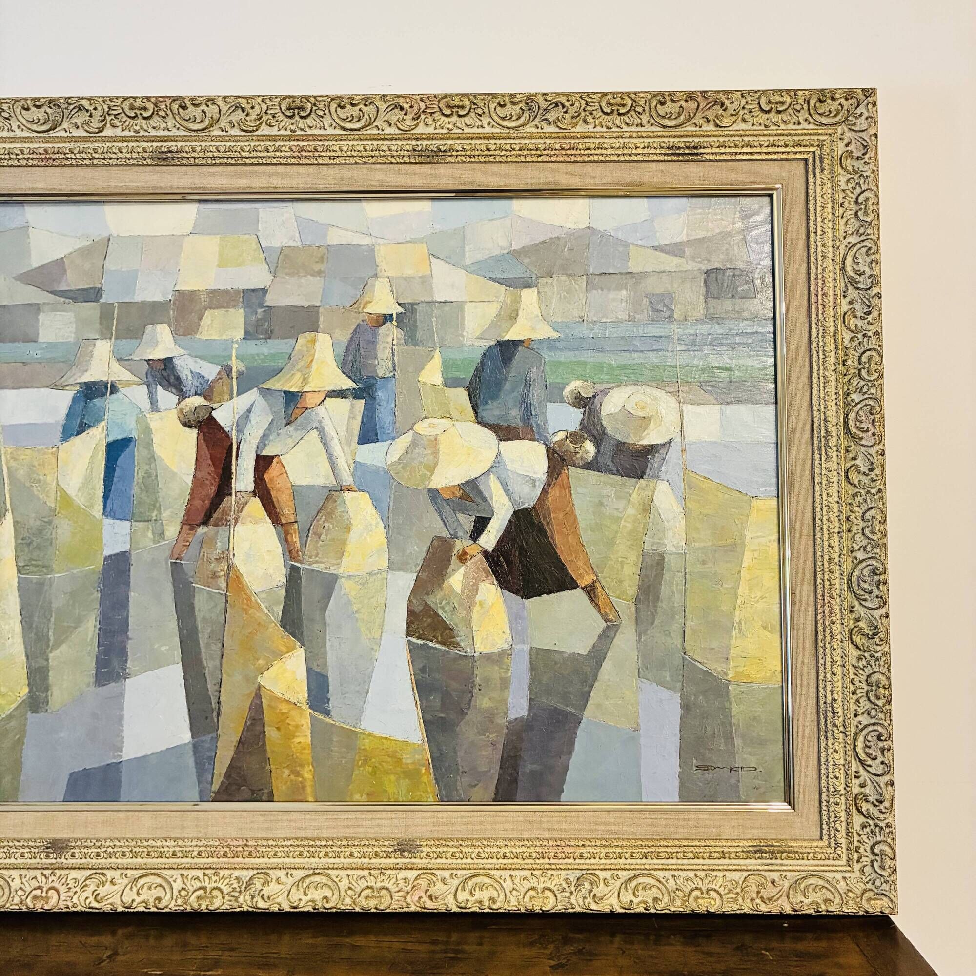 Cubist Oil on Canvas Tableau Rural Scene Asia Saard Thanomwong Signed