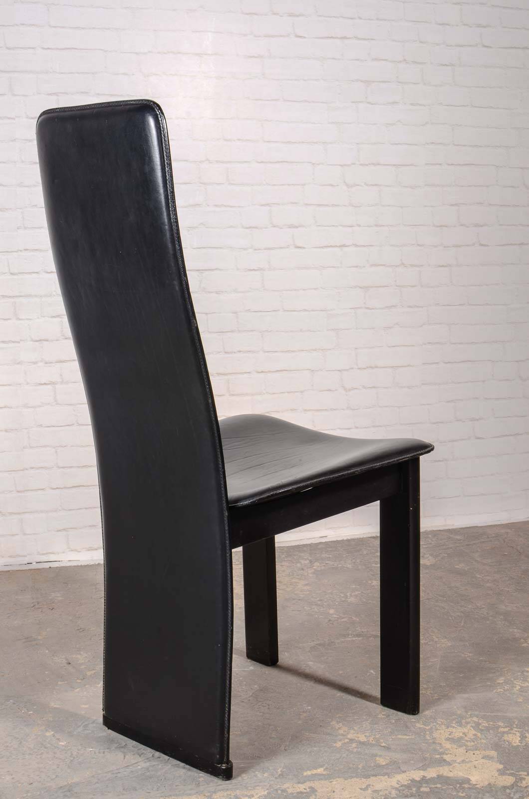 Cidue Style Black Sadle Leather High Back Italian Design Dining Chairs 70s
