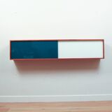 Vintage mid-century wall hung oak cabinets, blue & white sliding glass door