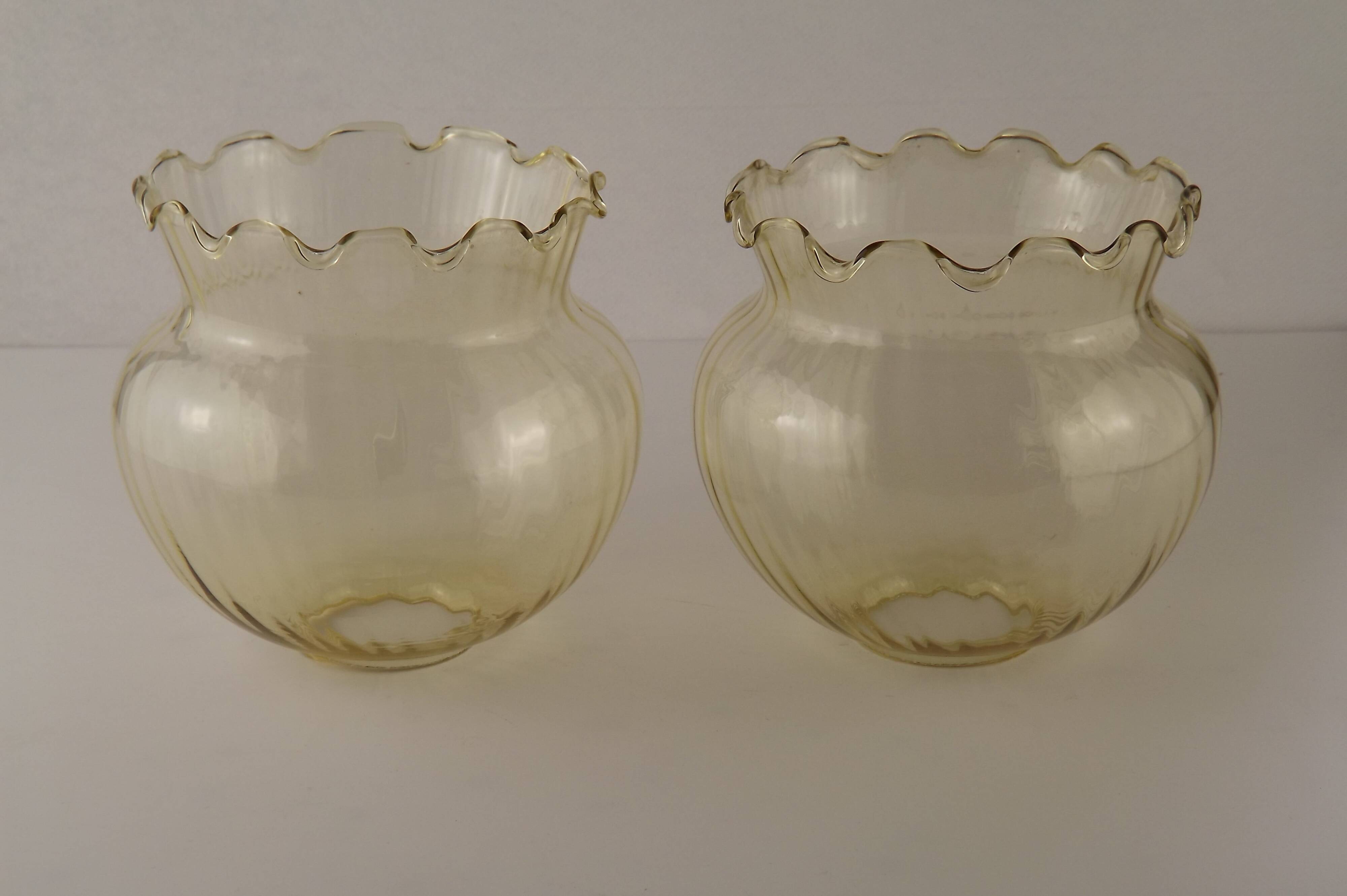 Set of 2 Vintage French Amber Ribbed Effect Glass Shades with Frilled Edge 5595