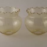 Set of 2 Vintage French Amber Ribbed Effect Glass Shades with Frilled Edge 5595