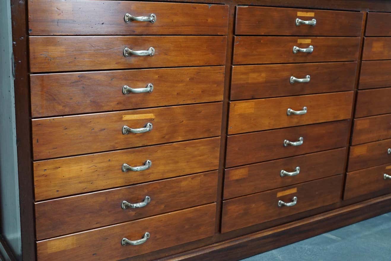 British Mahogany Apothecary Cabinet or Bank of Drawers, 1930s