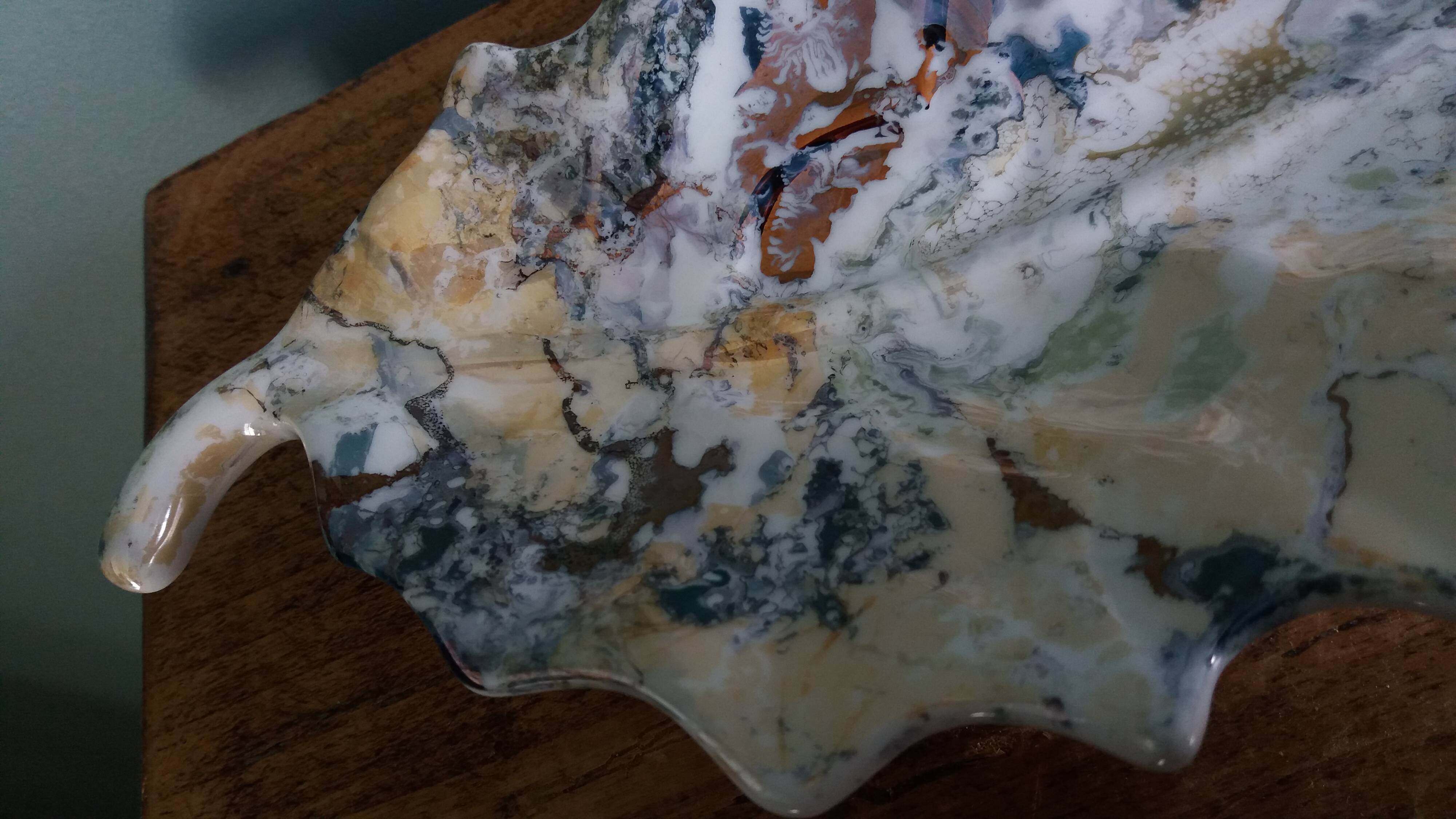 Iridescent enamelled leaf catchall, signed Gfredy.