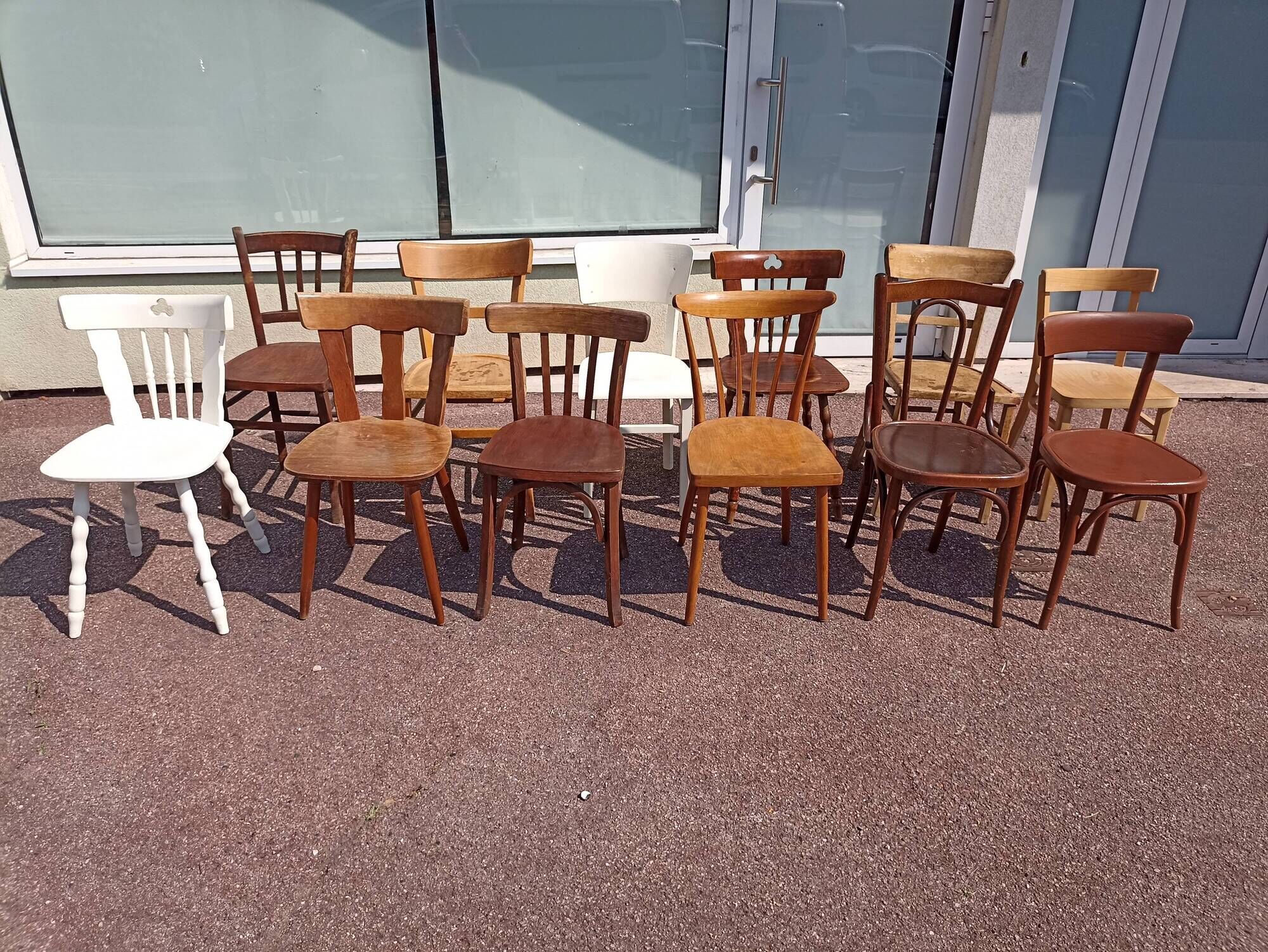 Set of 18 mismatched wooden bistro chairs - vintage