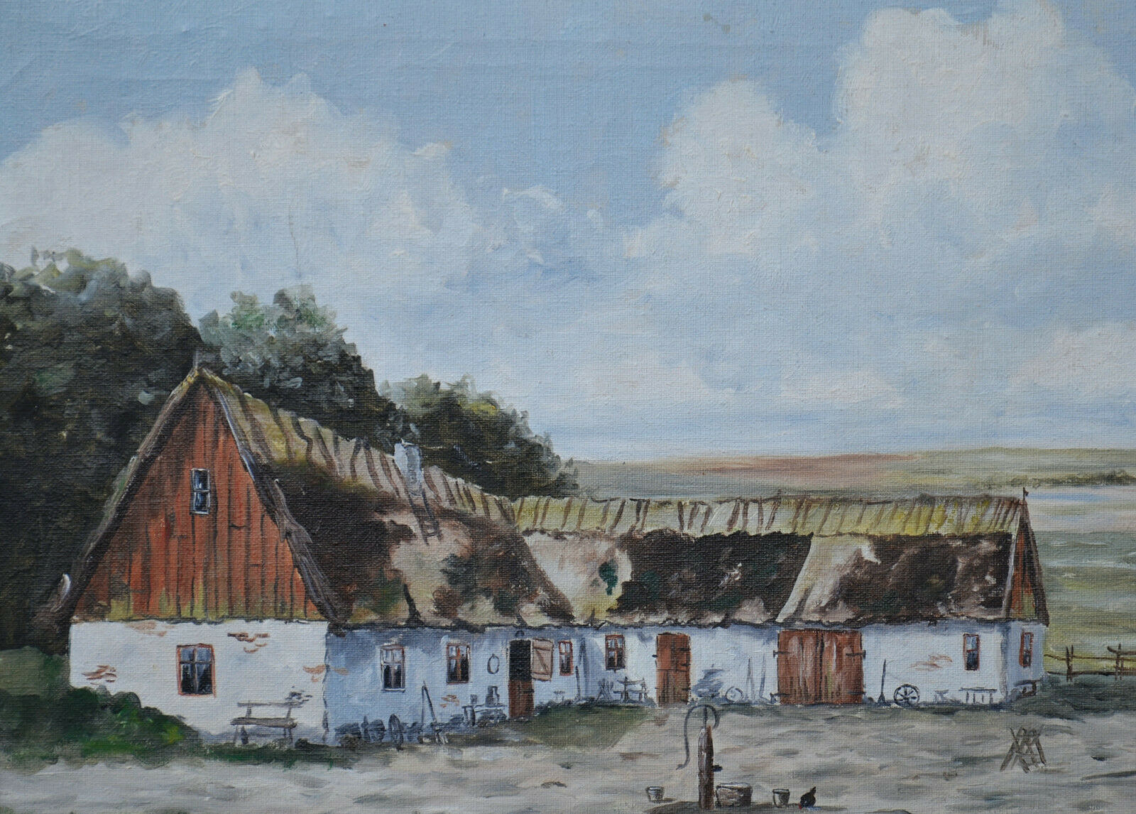 Mid 20th Century Landscape Oil Painting On Canvas, Farm Motif Signed R.Lundkvist