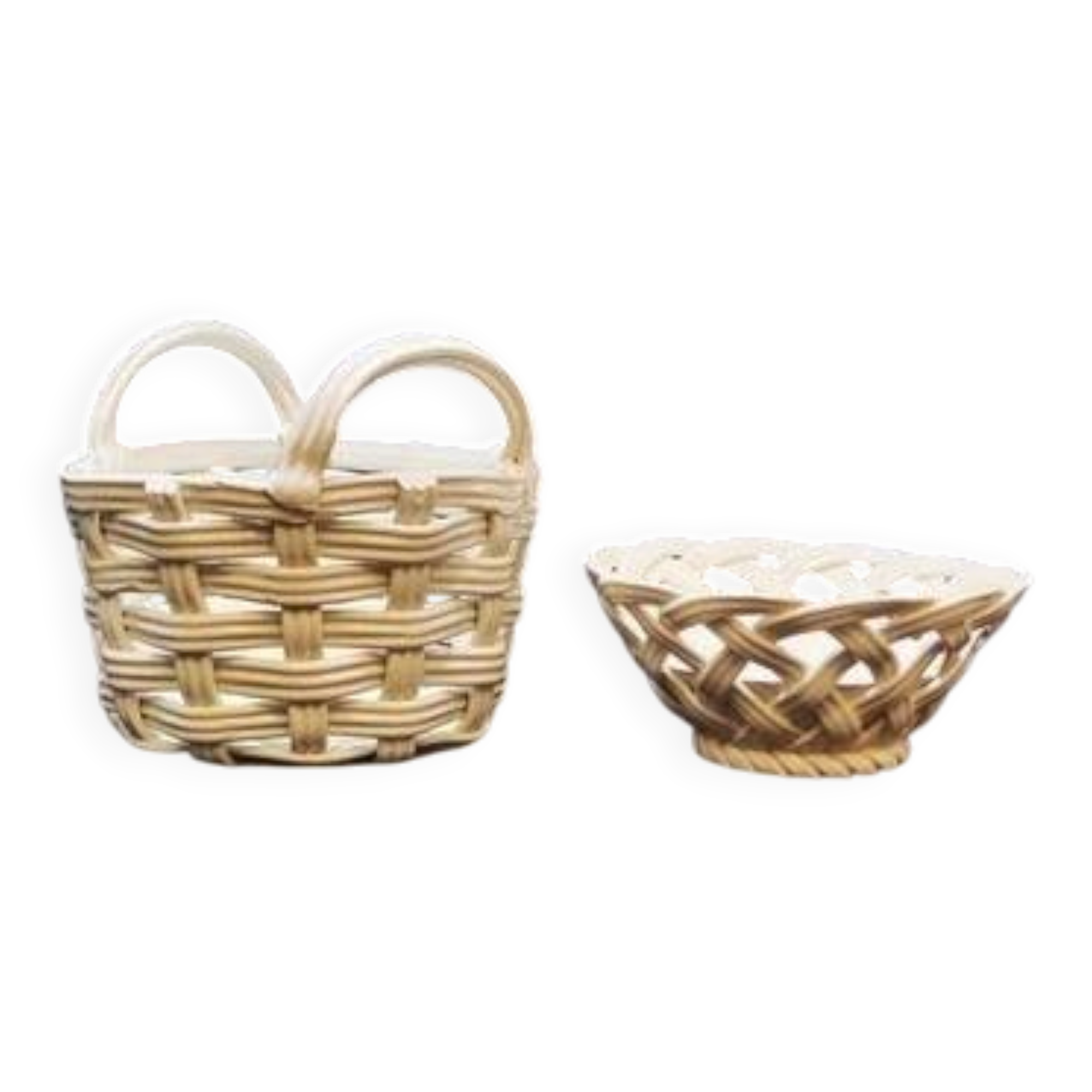 Set of Woven White Mediterranean Ceramics Basket + Bowl