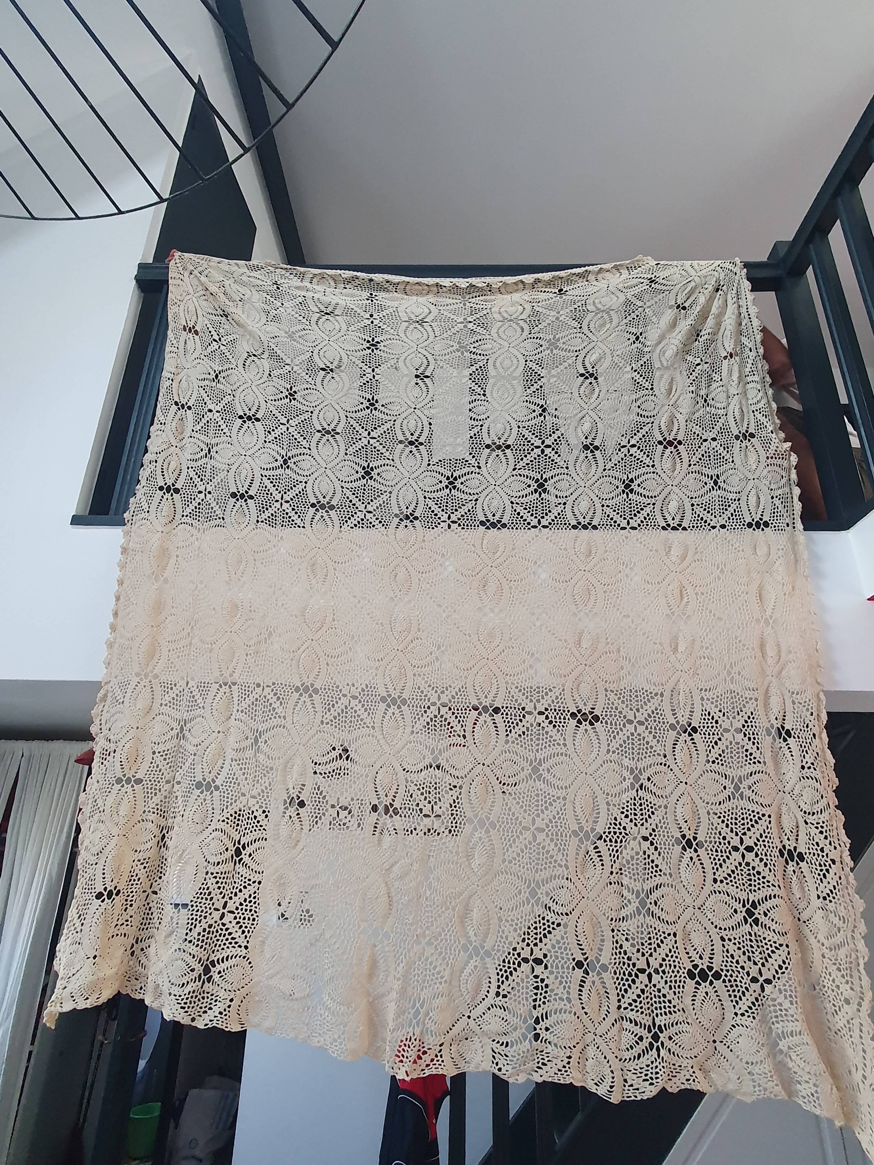 vintage crochet plaid blanket 236cm by 170cm beige color