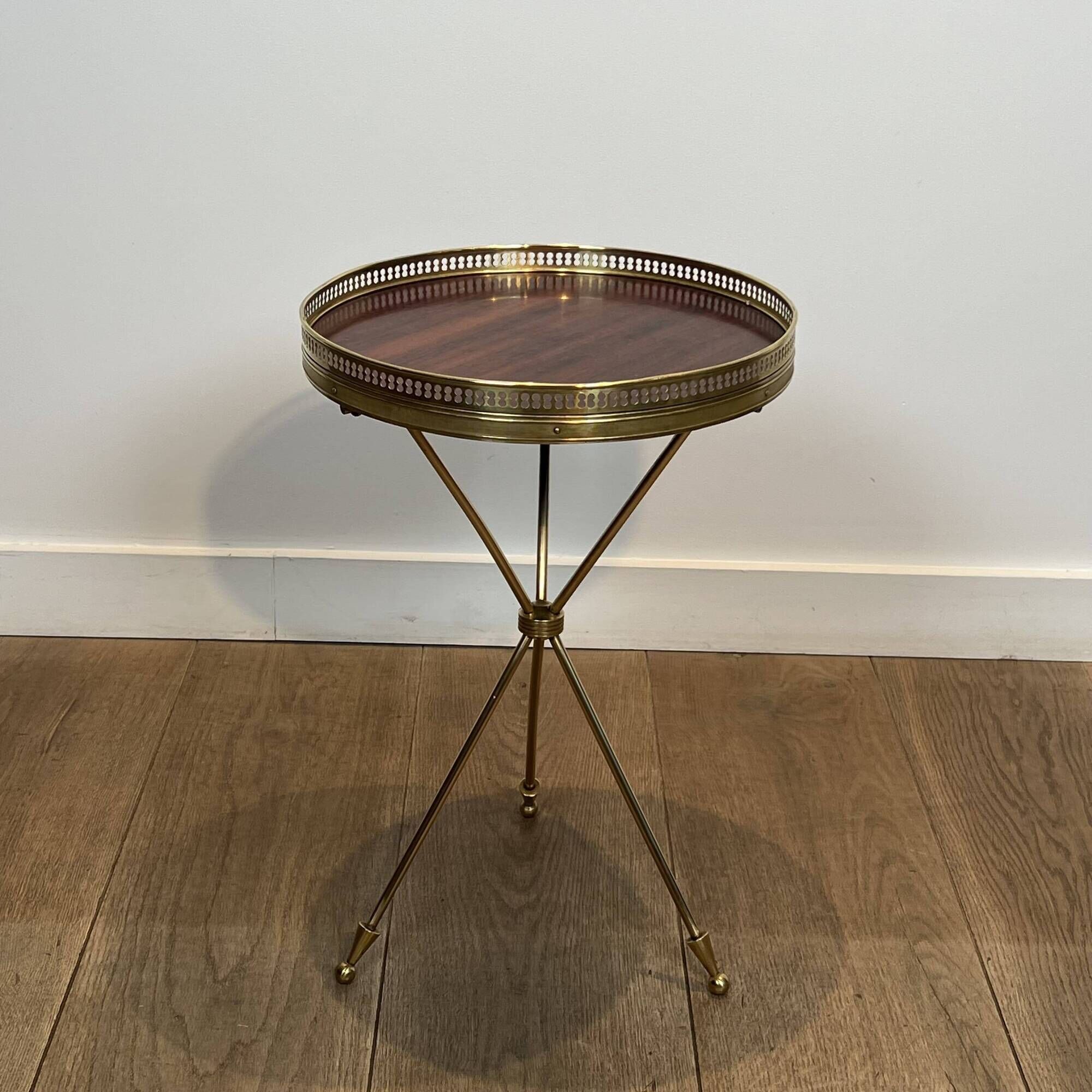 Tripod Side Table in Brass with Mahogany Top and Openwork Gallery. St. Trava