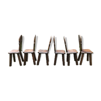Brutalist rustic vintage chairs in solid oak. ( Series of 6 )