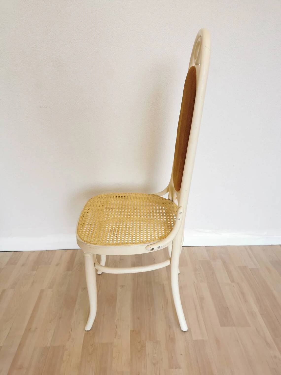 Vintage Thonet Bentwood Dining Chair: Cane Seat, Yellow Fabric Back