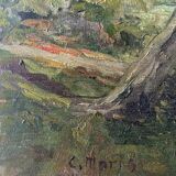 Tableau HSP "L'étang arboré" Parc signé C. Moris 1909
