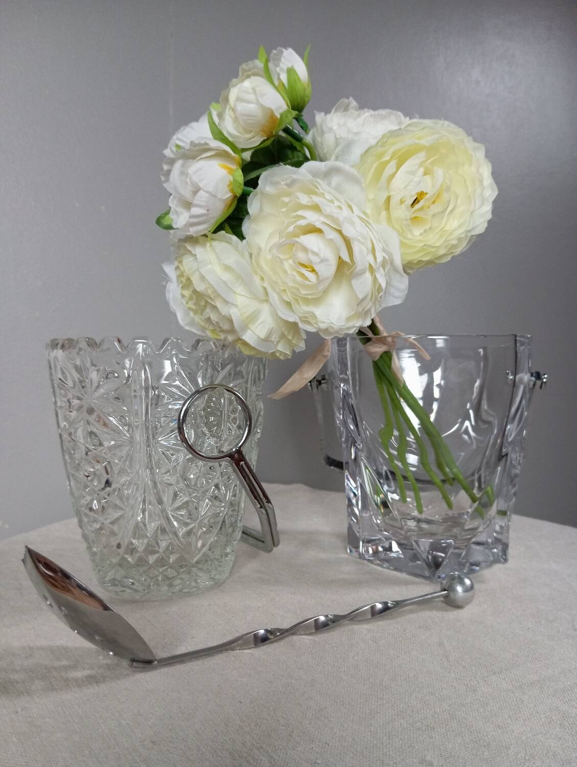 Duo of crystal ice buckets, silver metal, vintage
