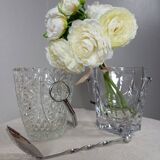 Duo of crystal ice buckets, silver metal, vintage