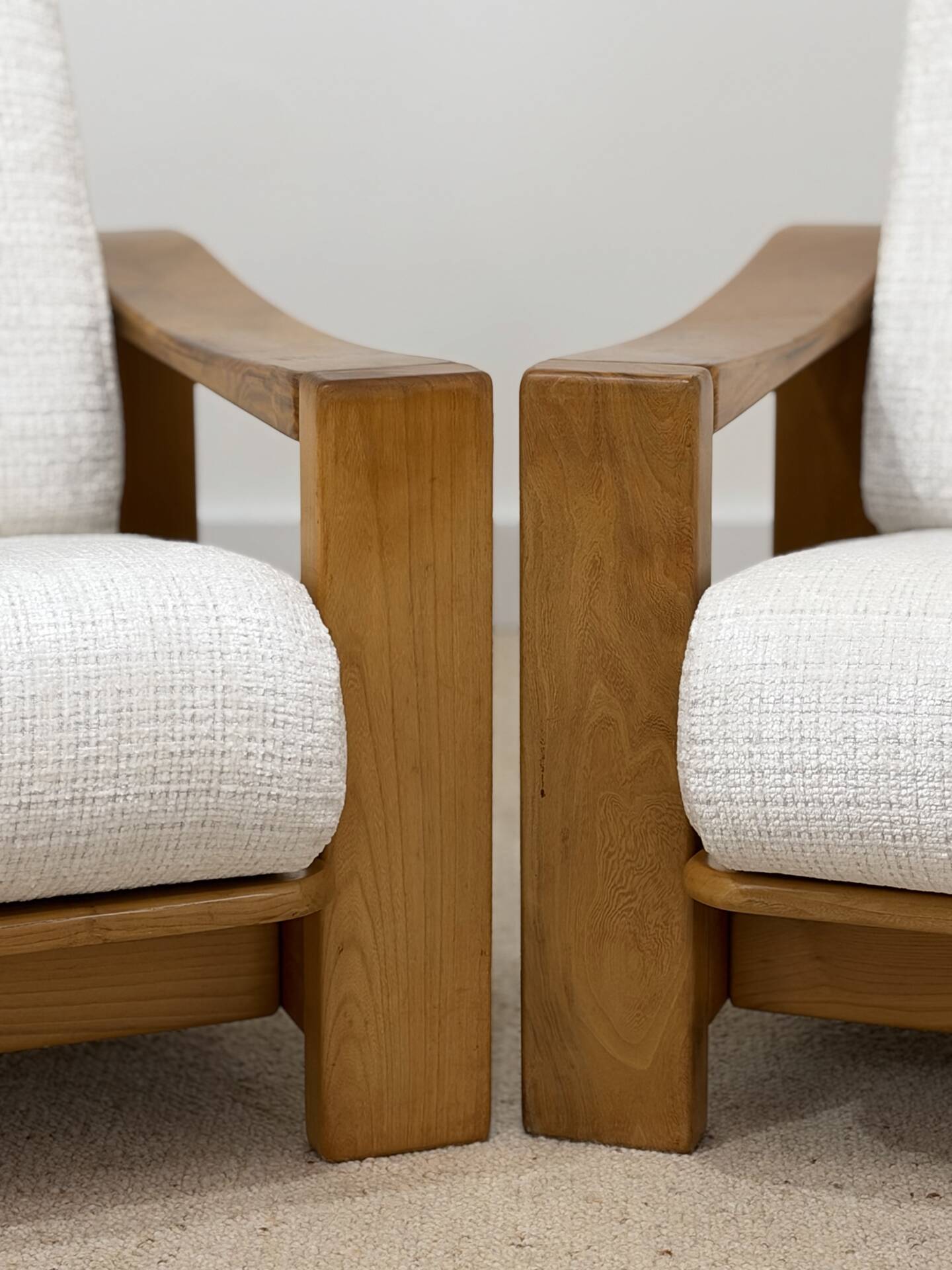 Pair of vintage armchairs in solid wood – new white fabric